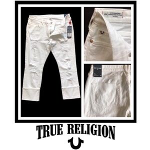 Distressed White True Religion LIV Low Rise Relaxed Skinny Cropped Jeans